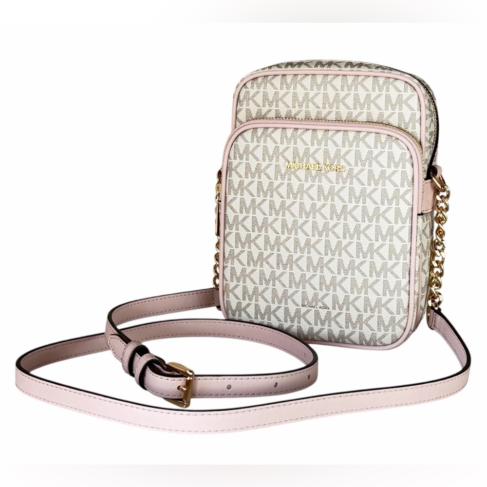 Michael Kors Jet Set Travel MD Flight Chain Crossbody Bag MK Vanilla/Pink